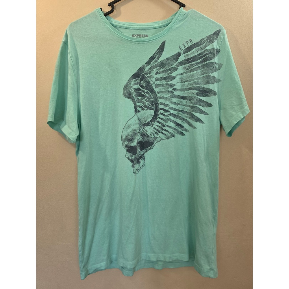 Express Mens Graphic Tee Mint Green Winged Skull Cotton T-Shirt Size M RN55285